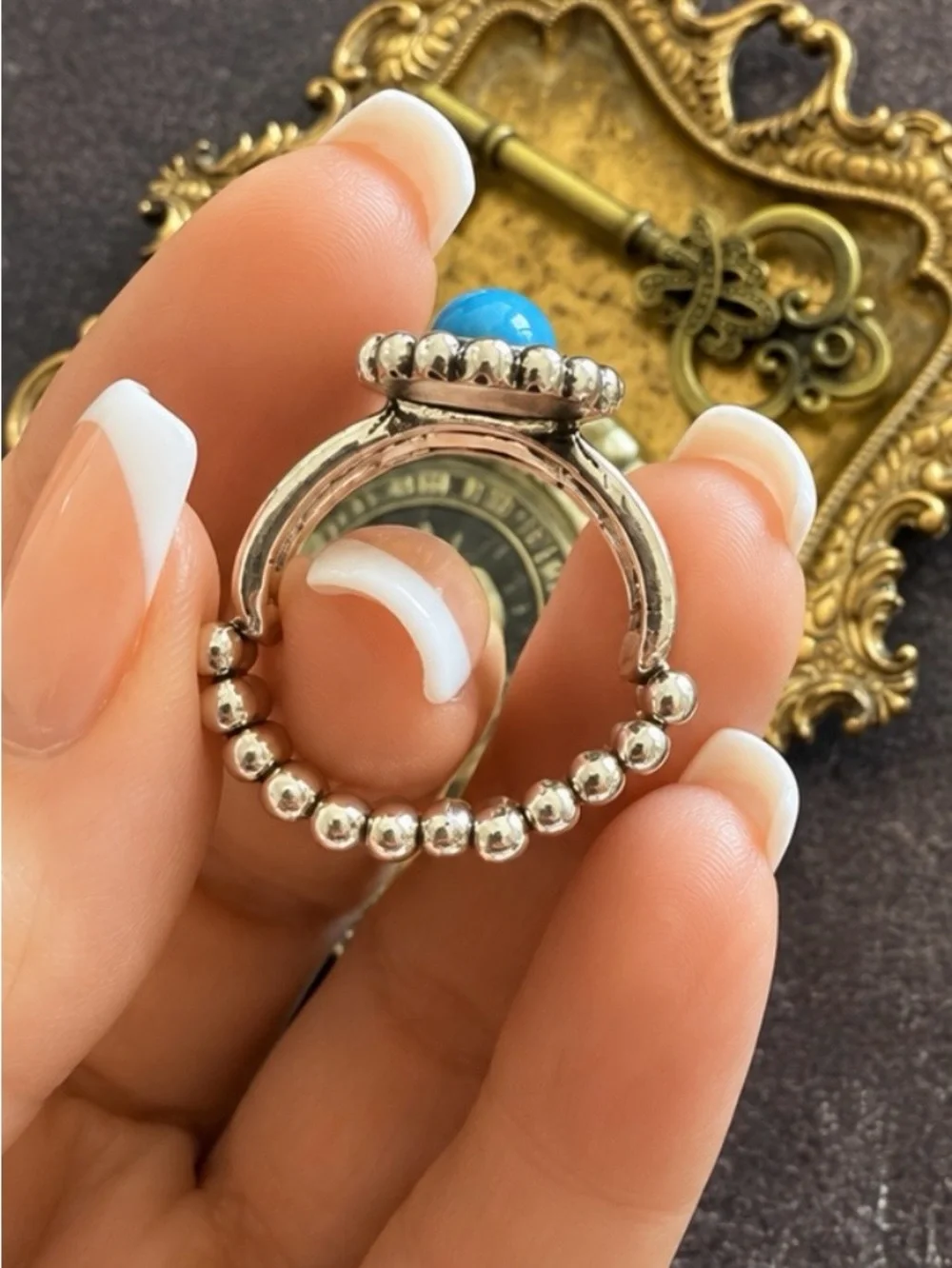 ANTHROPOLOGIE • Silver Triple Turquoise Cabochon Statement Festival Boho Ring